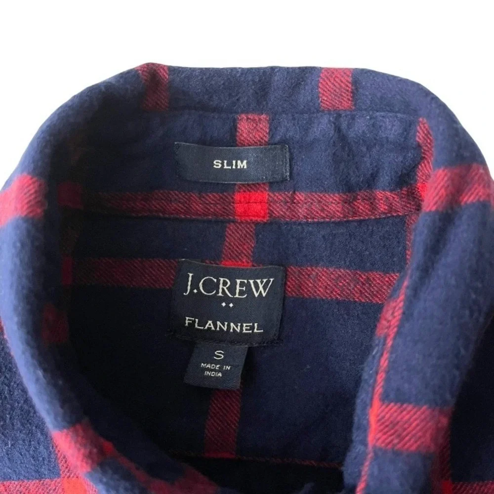 J. Crew Mens Slim Flannel Shirt Navy Blue Red Plaid Windowpane Men's  Sz Small‎